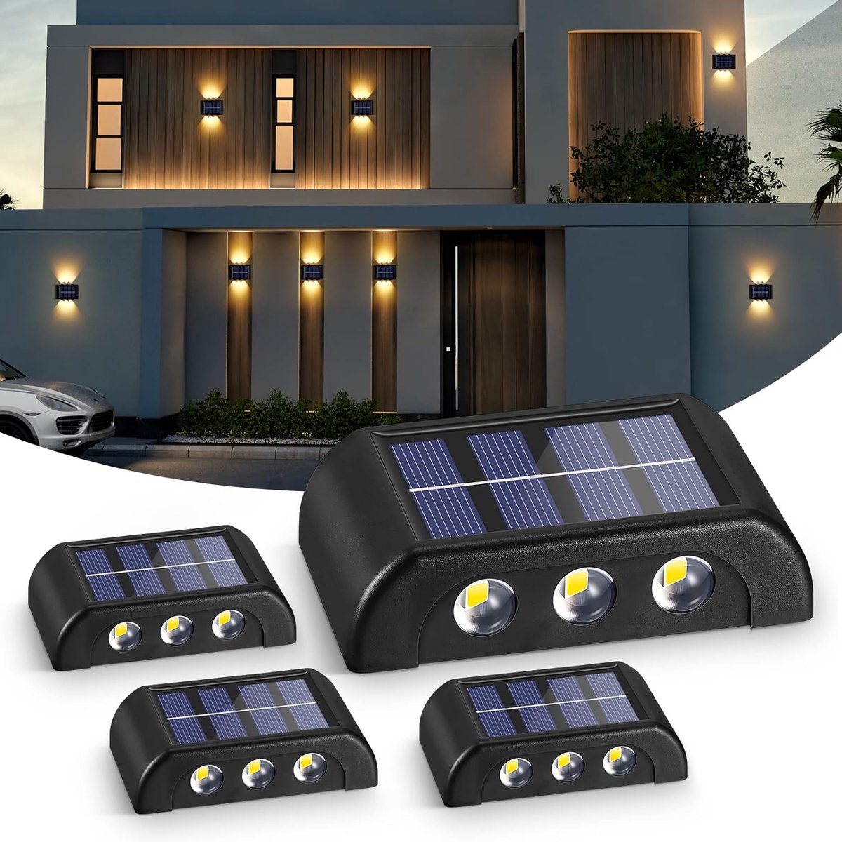 Zonnelampen voor buiten, warmwit, IP65 waterdicht, boven en onder, voor tuin, binnenplaats, terras, balkon, omheining - 4 stuks