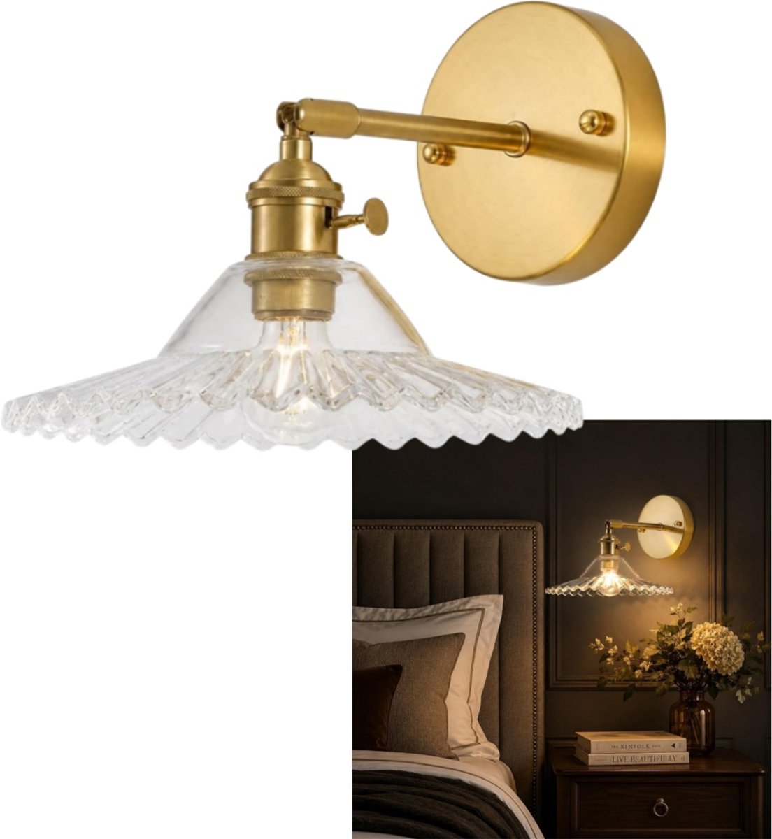 Industriële retro wandlamp (lamp niet inbegrepen) - Messing en gouden voet - Halverlichting - Verlichting voor de hal - 26,5*21*6,5 cm - Geschikt voor decoratieve verlichting in slaapkamer, badkamer, hal en gang - Transparante glazen uitvoering