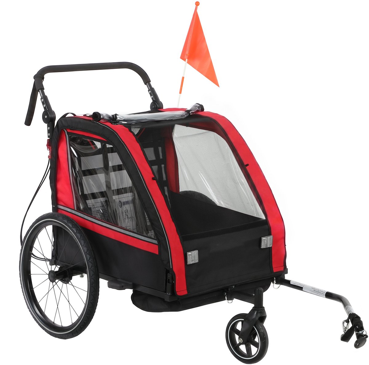 TEKROA® 2-in-1 Kinderfietskar & Wandelwagen - 2 Zitplaatsen - Verstelbare Duwstang - Handrem - veiligheidsgordel- Twee kinderen- Rood