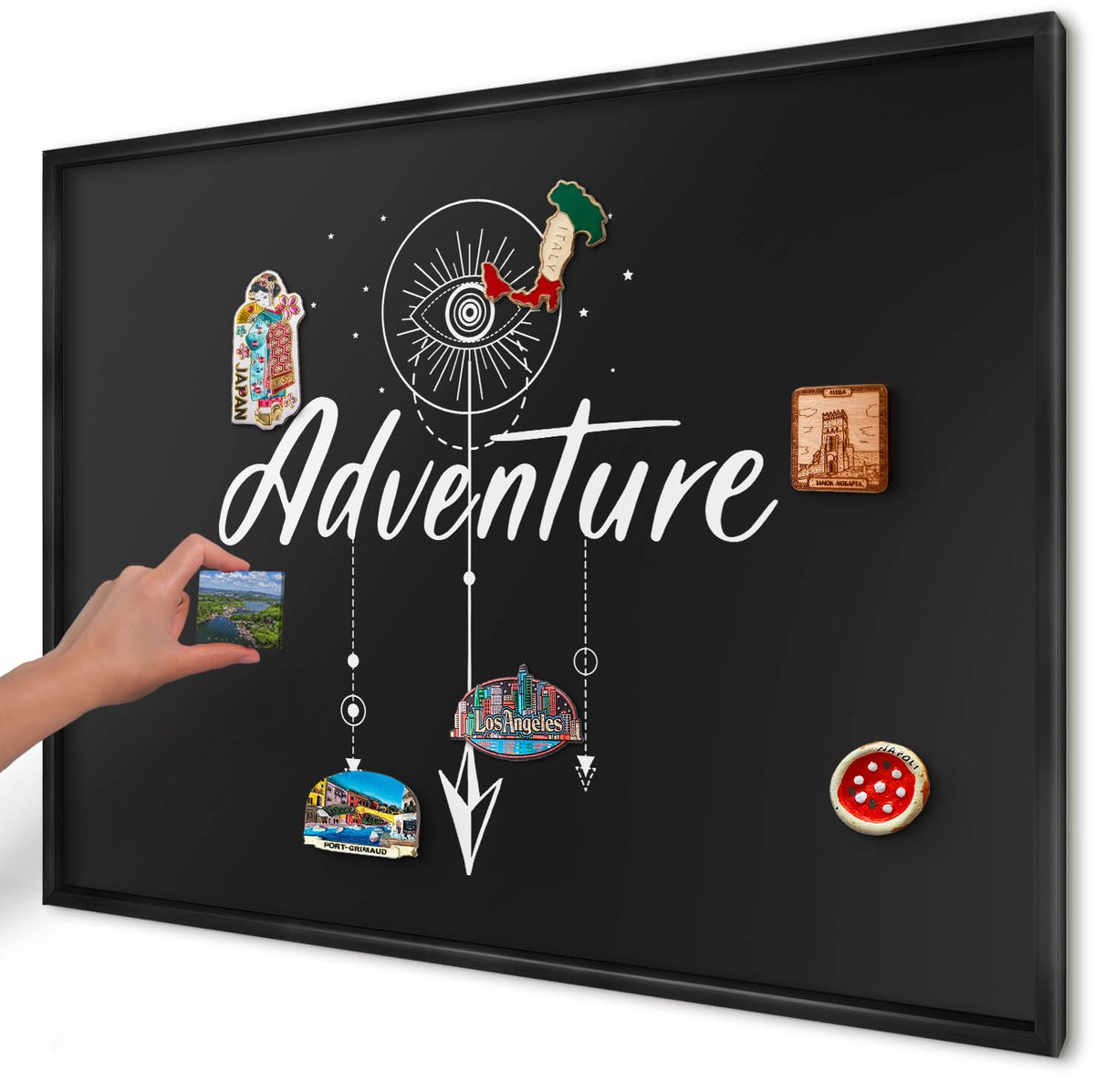 Artprintcave Zwart Magneetbord mit Zwart Frame - 100x70 cm - Avontuur Wacht. Magnetisch Bord Voor Magneten - Typografisch Wandbord Magnetisch - Teksten
