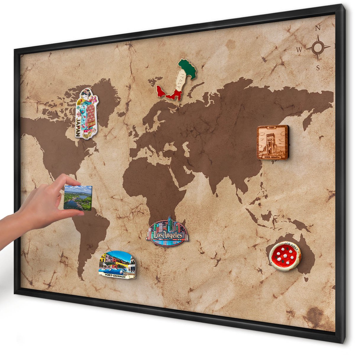 Artprintcave Bruin Magneetbord mit Zwart Frame - 100x70 cm - Wereldkaart Notitiebord - Vintage Memobord Keuken - Kaarten