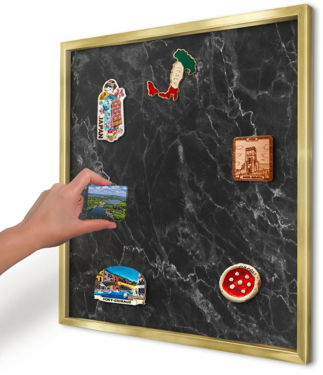 Artprintcave Zwart Magneetbord mit Gouden Frame - 50x50 cm - Zwart Marmer Magneetbord Voor Keuken - Minimalist Wandbord Magnetisch - Texturen