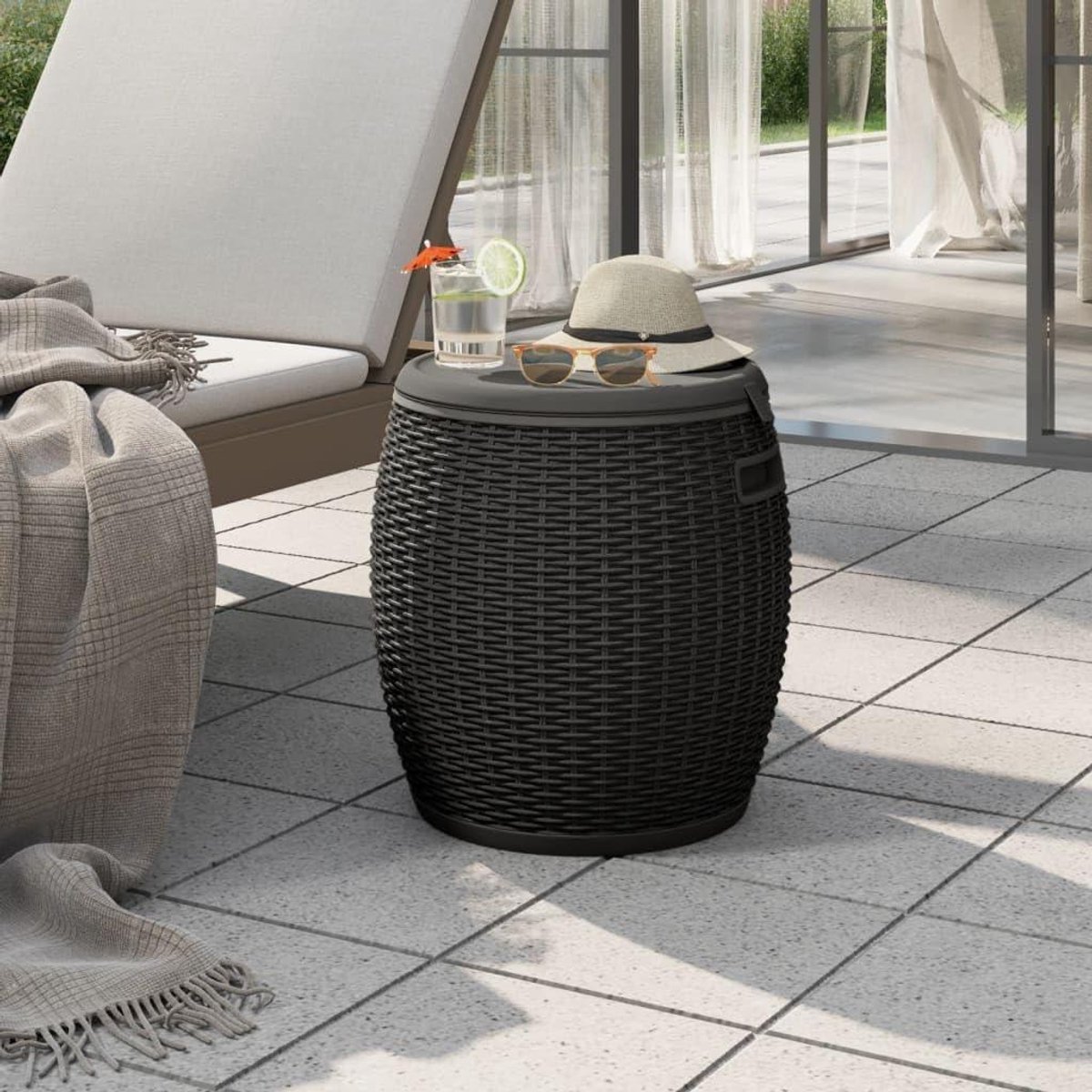 Tuinbox 4-in-1 - Opbergkist Buiten - Dranken Koelen - Afvoerstop - 60 Liter - Zwart