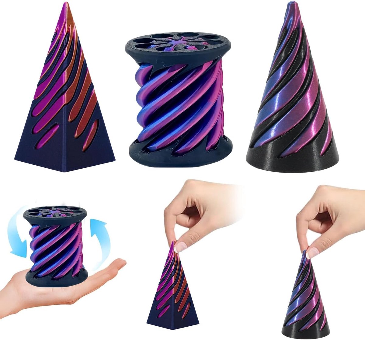 3D-bedrukt spiraalkegel Fidget Toy, 3 stuks spiraalkegelspeelgoed, sensorisch speelgoed voor kinderen, anti-stress-speelgoed, zwart-paars