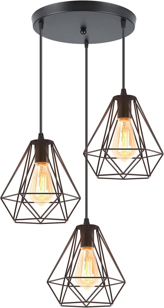 SnelShoppen - Vintage Hanglamp 3 Lichten - Industrieel Design - Metalen Kooi Lampenkap - Ø 20 cm - Zwart - Plafondlamp voor Woonkamer, Eetkamer, Keuke