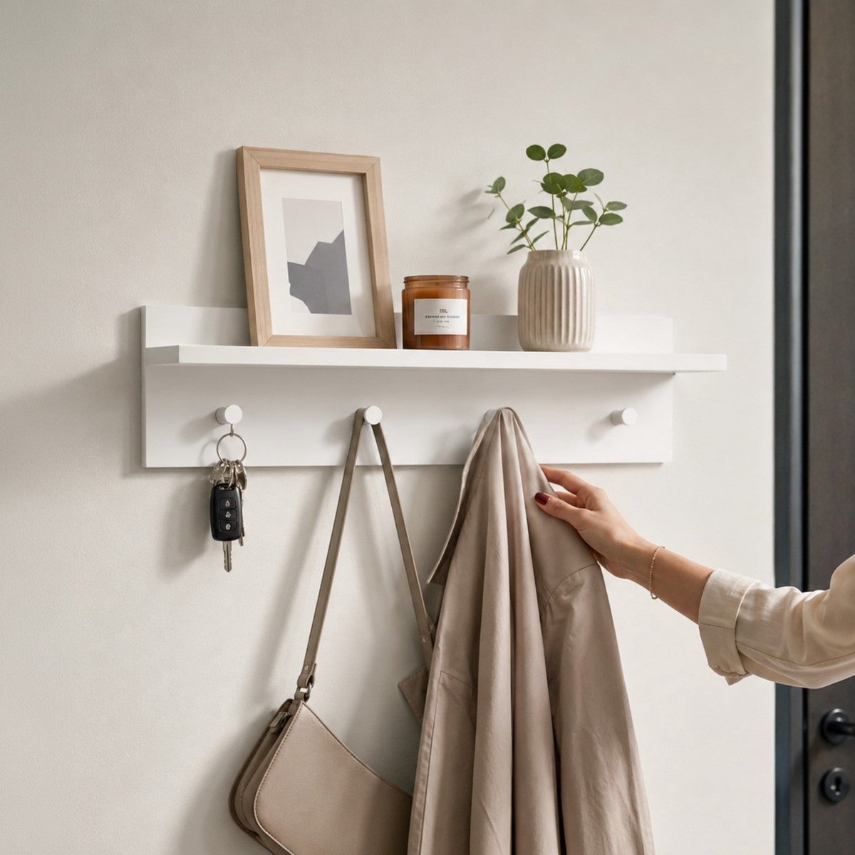 The White Stone Compacte Wandkapstok met 4 Haken en Plank | Moderne Witte Kapstok voor Hal Gang en Slaapkamer 80x15x23 cm