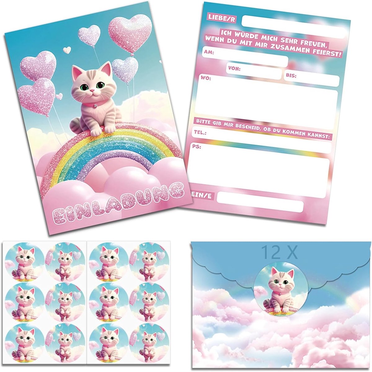 Uitnodiging kaarten kinderen 12x A6 - Cartoon ontwerp - Met enveloppen en stickers - Perfect voor verjaardagspartij - ShopVlot