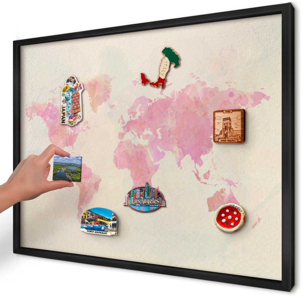 Artprintcave Roze Magneetbord mit Zwart Frame - 70x50 cm - Wereldkaart Notitiebord - Waterverf Wandbord Magnetisch - Kaarten