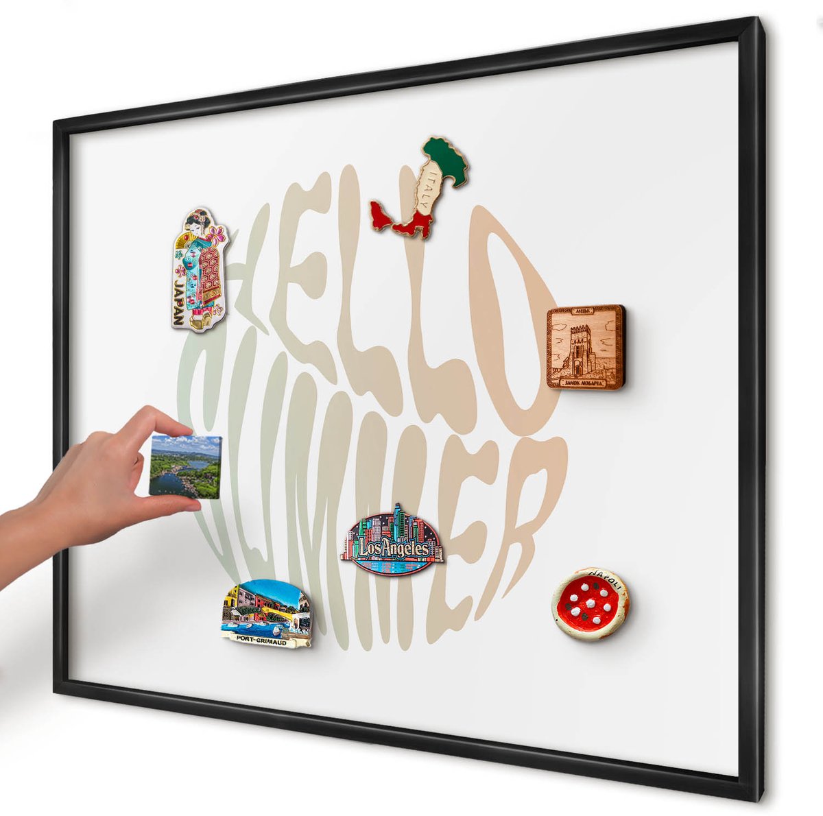 Artprintcave Wit Magneetbord mit Zwart Frame - 80x60 cm - Hallo Zomer Memobord Keuken - Typografisch Notitiebord - Texturen