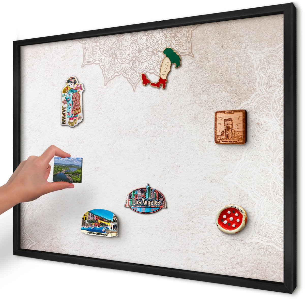 Artprintcave Romig Magneetbord mit Zwart Frame - 70x50 cm - Etnische Patronen Wandbord Magnetisch - Boho Bord Voor Magneten - Achtergronden En Patronen