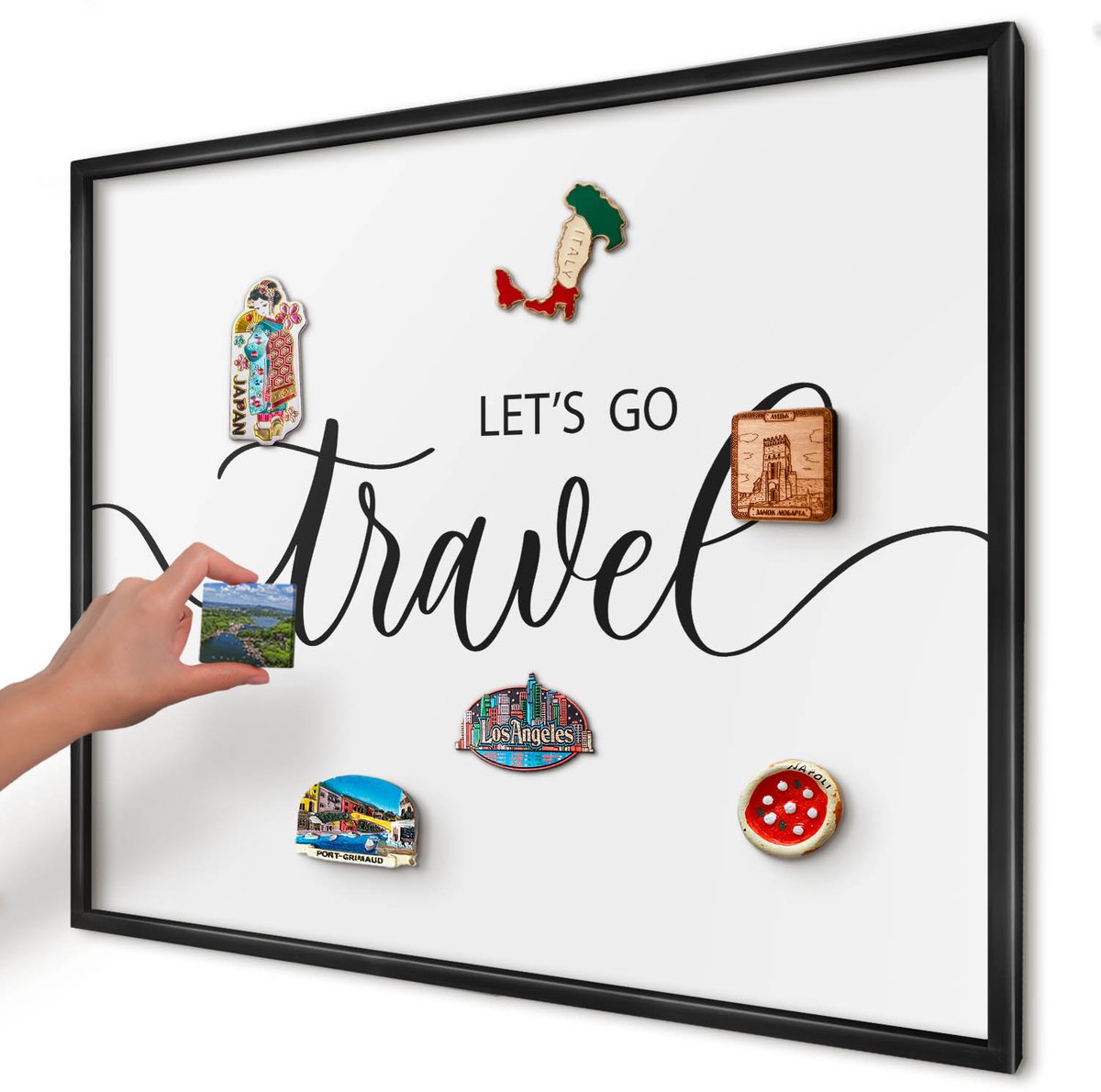 Artprintcave Zwart Magneetbord mit Zwart Frame - 80x60 cm - Laten We Samen Op Reis Gaan Notitiebord - Typografisch Magnetisch Bord - Teksten