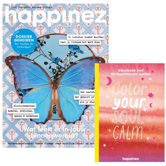 Happinez magazine met een grote blauwe vlinder en een bijgevoegd kleurboekje met de tekst 'Color your soul CALM'.