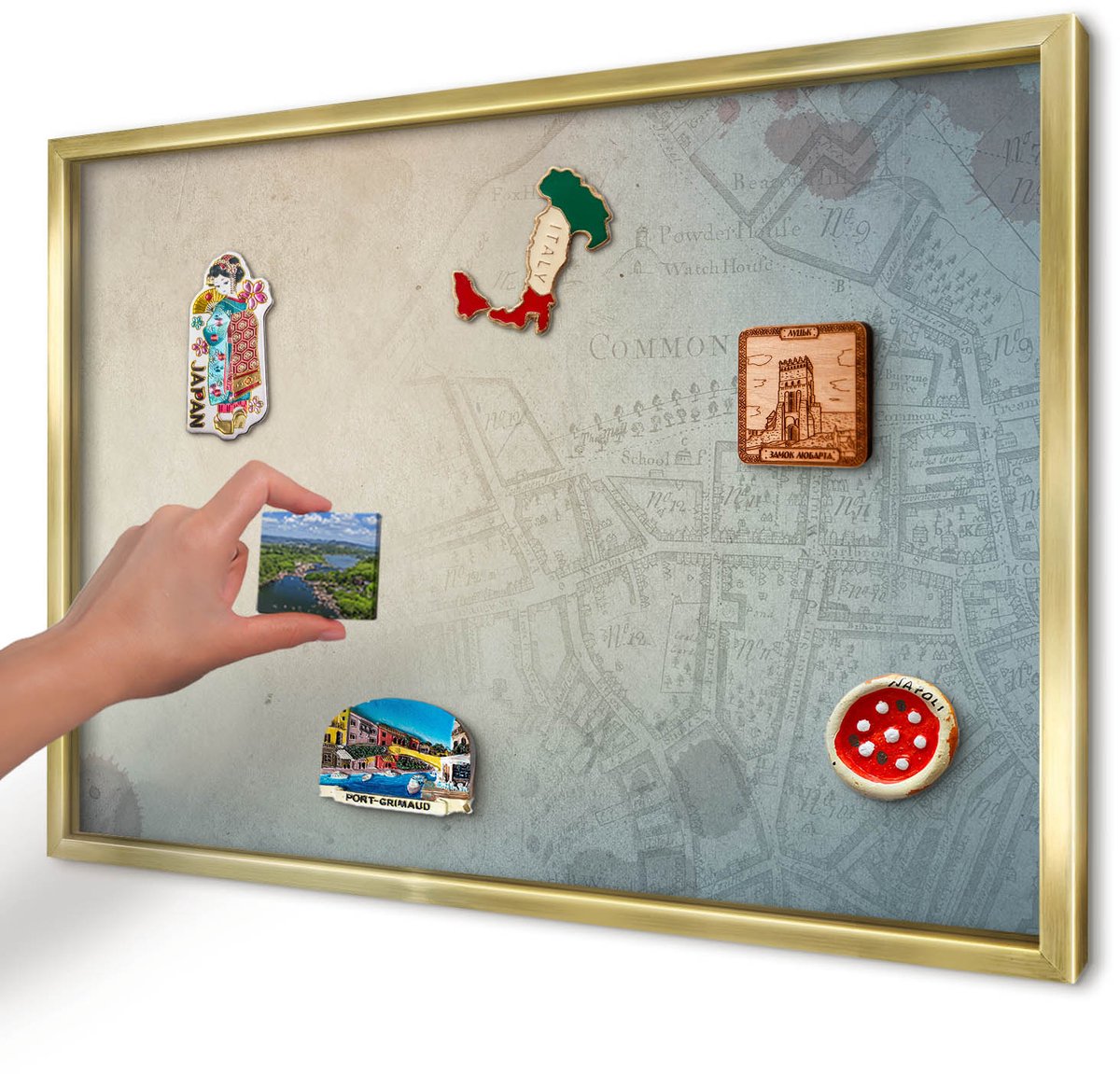 Artprintcave Beige Magneetbord mit Gouden Frame - 60x40 cm - Oude Kaart Wandbord Magnetisch - Vintage Memobord Keuken - Kaarten