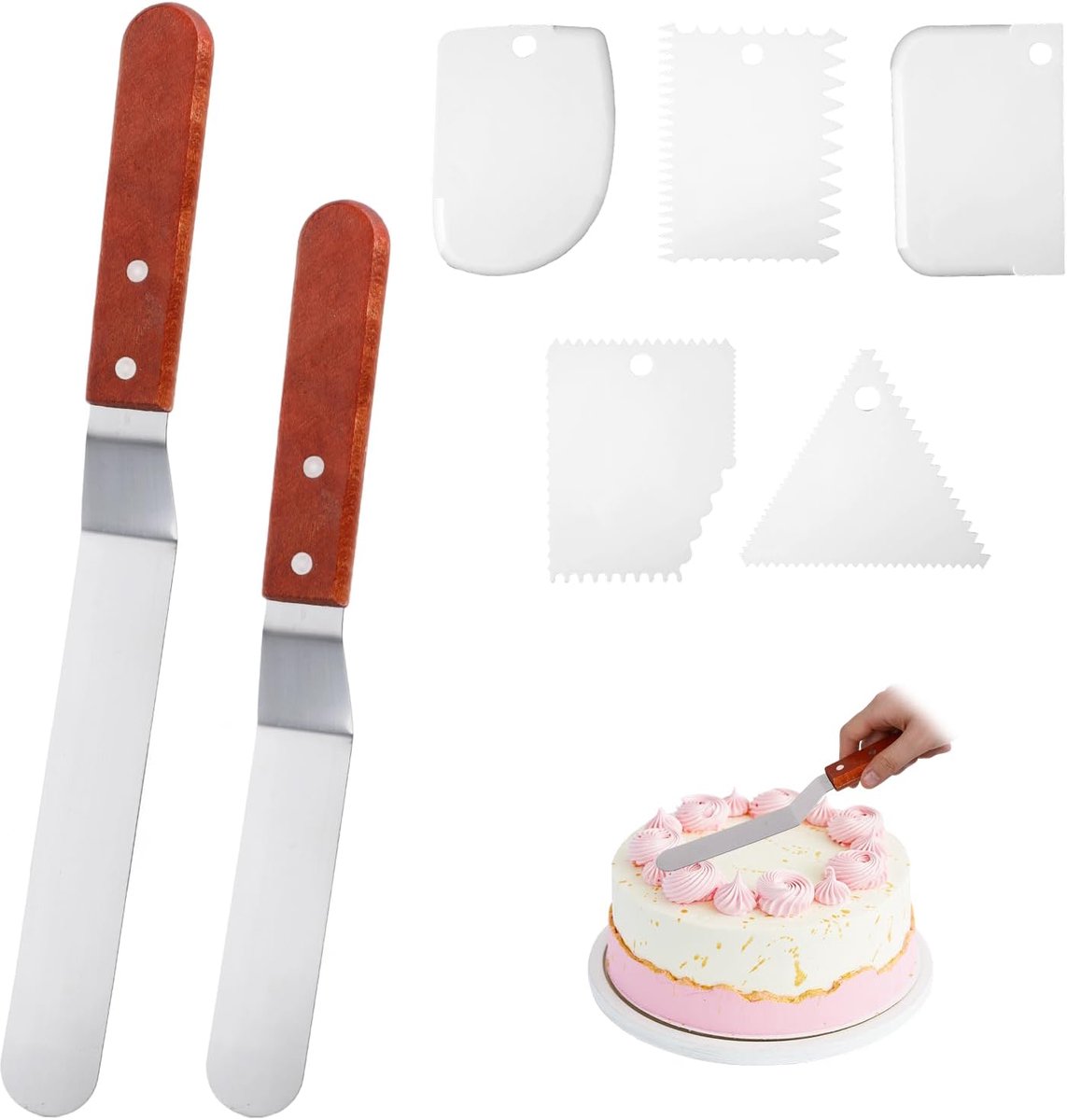 SnelShoppen - 7-delige cake spatula set, hoogwaardige roestvrijstalen cake mes, spatula en schrapers voor bakken, inclusief 2 cake schrapers en 5 crea