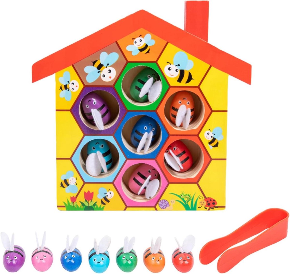 Houten Bijenkorf Puzzel - Motoriekspel Kleuren Sorteren - Fijne Motoriek Trainen - Montessori Educatief Speelgoed
