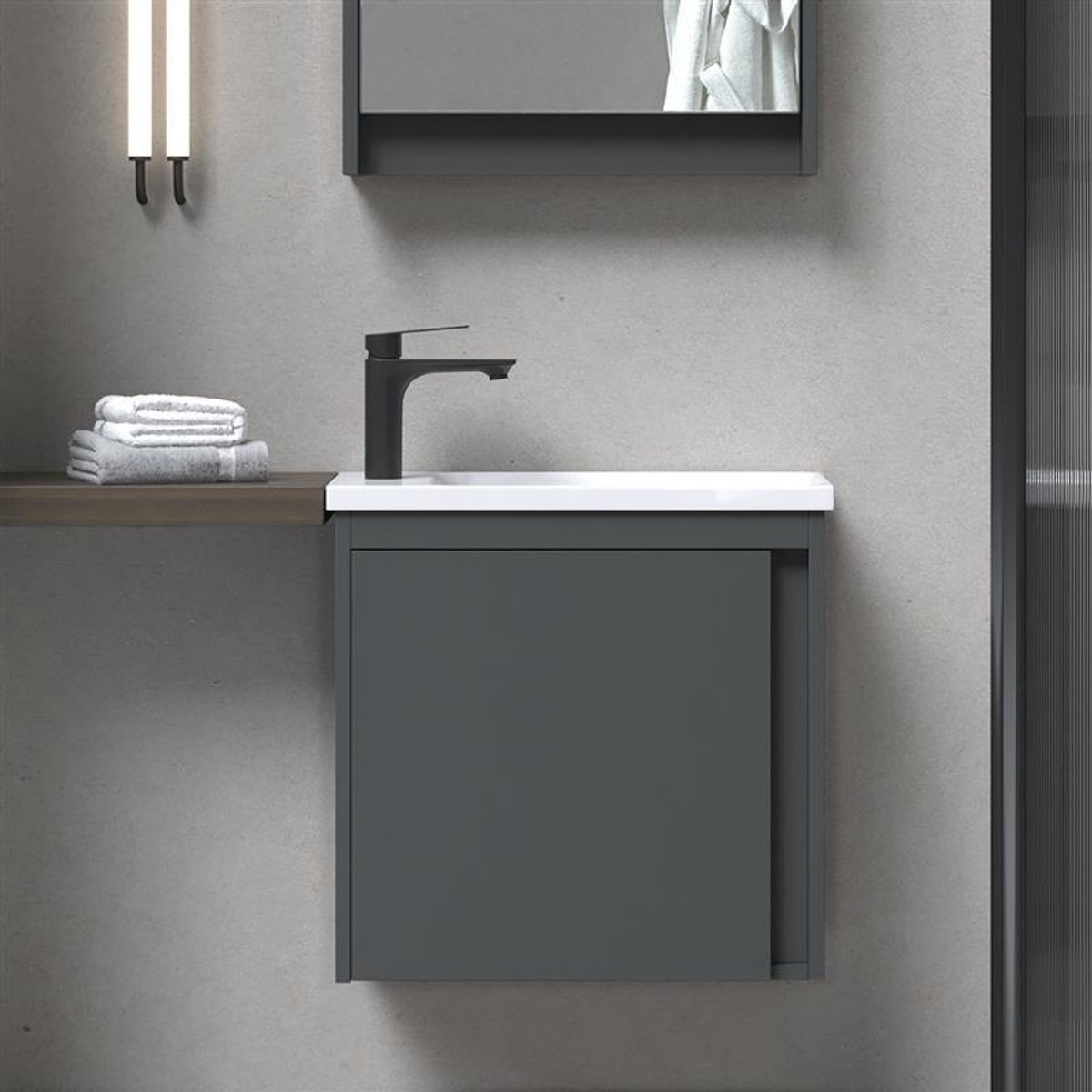 Planetmöbel - Wastafelonderkast 50 cm - Grijs mat - Met wastafel en zwarte kraan - Softclose