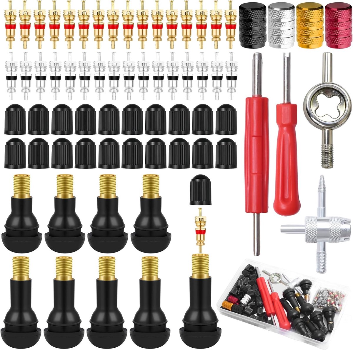 96 stuks, reparatie-, bandenventielgereedschapsset met TR413 TR412 rubberen ventielen, ventielkern, ventielsleutel, autoventiel, ventieluitdraaier, bandenventieldoppen voor