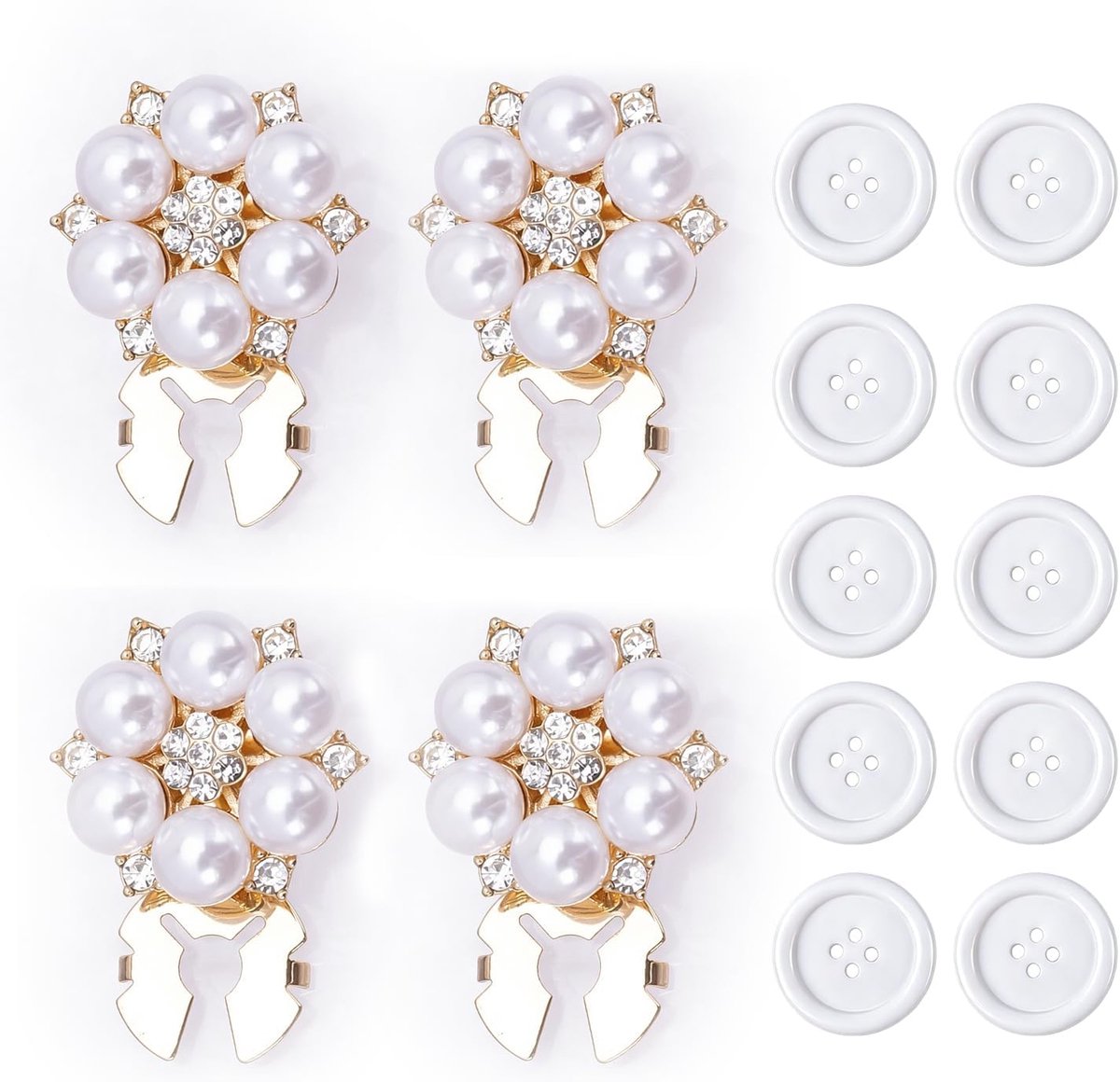 4 Stuks Parelmoer Strass Knoophoezen Clip-on met 10 Witte Knopen, Legering Manchetknoppen voor Heren en Dames Overhemden, Modeaccessoires voor Bruiloften en Feesten