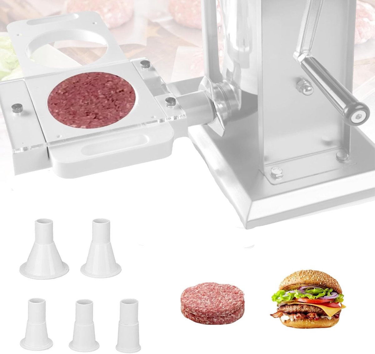Patty Maker, Auto Hamburger Patty Maker met 5 Adapter Buizen, 2 Gaten Niet Stick, Vormen Processor voor Worst Vulmachine, Vleesmolen