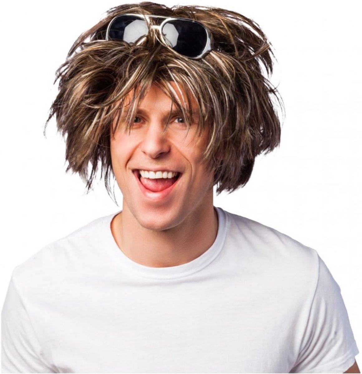 kort haar pruik Micky bruin gemêleerd carnaval slag zanger muzikant