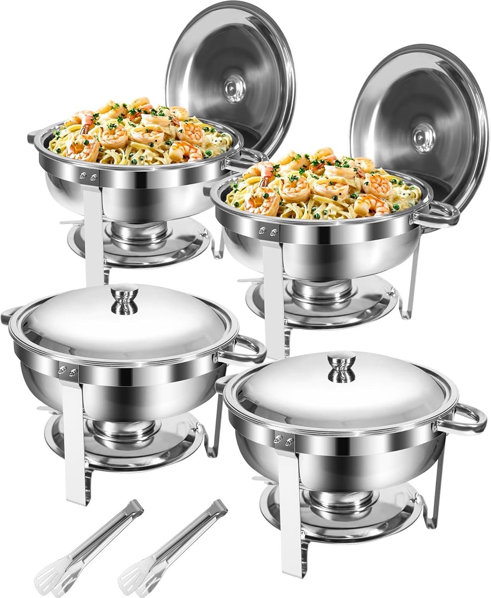 Dish Buffet Set, 4-Pack 5L Voedselveilig RVS Ronde Chafing Dishes [Afgerand Randontwerp], Voedselwarmer Buffet met Dekselhouder voor Catering Buffet en Elk Feest, Zilver