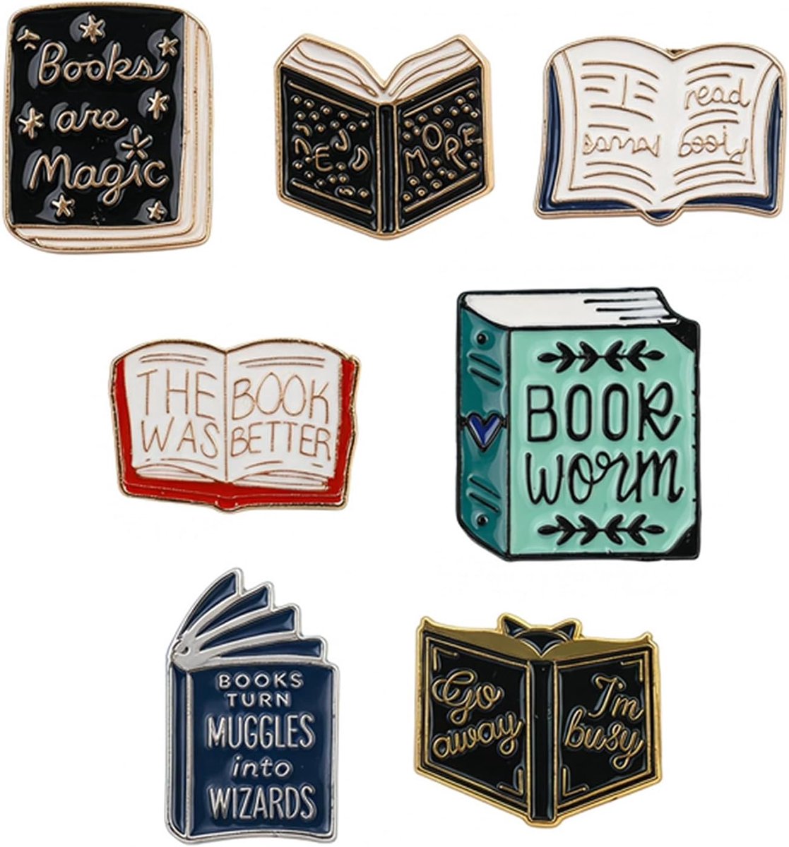 7 Stuks Emaille Boek Pins Set, MagischeBoek Broches van Zinklegering, Cartoon boek Speldjes voor Rugzak Jas Tas Kleding, Cadeau voor Boekenliefhebbers Leraren Studenten