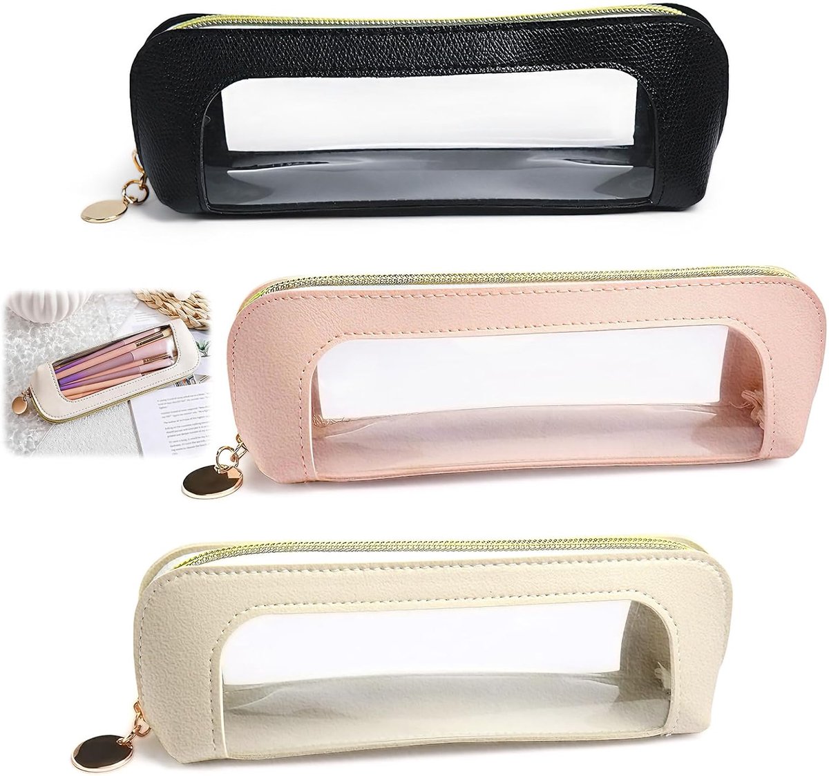 3-pack draagbare make-upborstel reiskoffer organizer, transparante kleine doorzichtige make-uptas met rits, waterdicht lipgloss zakje voor vrouwen portemonnee lippenstift potlood cosmetische