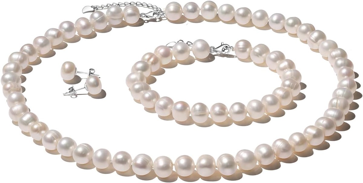 Parelset voor vrouwen (halsketting, armband, oorbellen) zoetwaterparelketting 8-9 mm, 925 zilveren pareloorbellen, parelarmband damessieraad