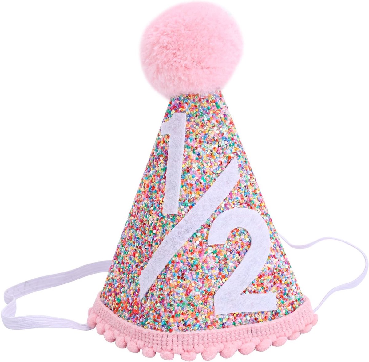 1/2 Verjaardagshoed voor Meisjes, Roze Kegelvormig Halve Verjaardagsfeesthoed met Pompons Schattig 6 Maanden Verjaardagsdecoraties voor Feestbenodigdheden