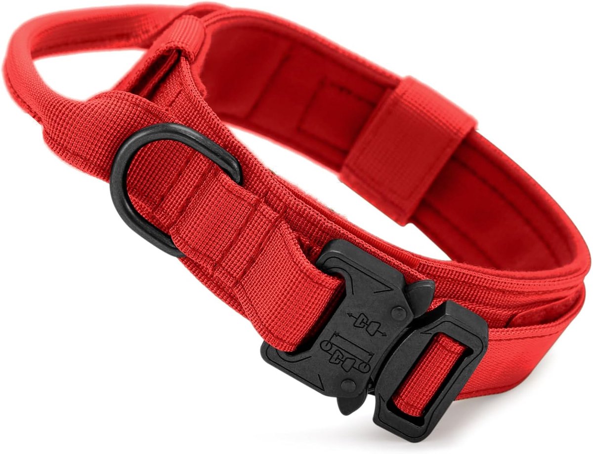 Tactische hondenhalsband, verstelbaar, met controle-handgreep, van nylon, gevoerd, metalen gesp, voor middelgrote en grote honden, jacht, training, vrije tijd, outdoor, rood, M