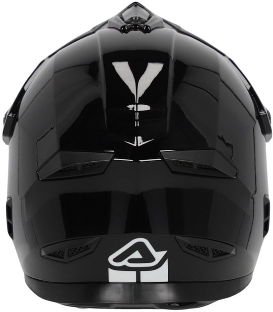 Achterkant van een glanzende zwarte crosshelm met witte logo's en ventilatieopeningen.