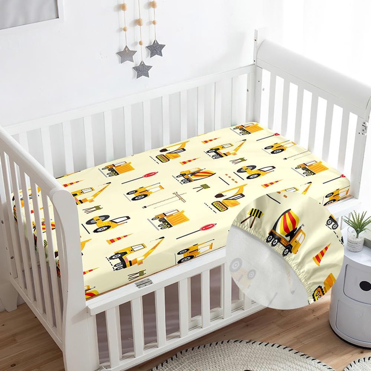 SnelShoppen - Fitted Sheet Babybed Reisbed Laken Cartoon Print Microvezel Matrasbeschermer Geel Graafmachine 80x160 cm Ademend Comfortabel