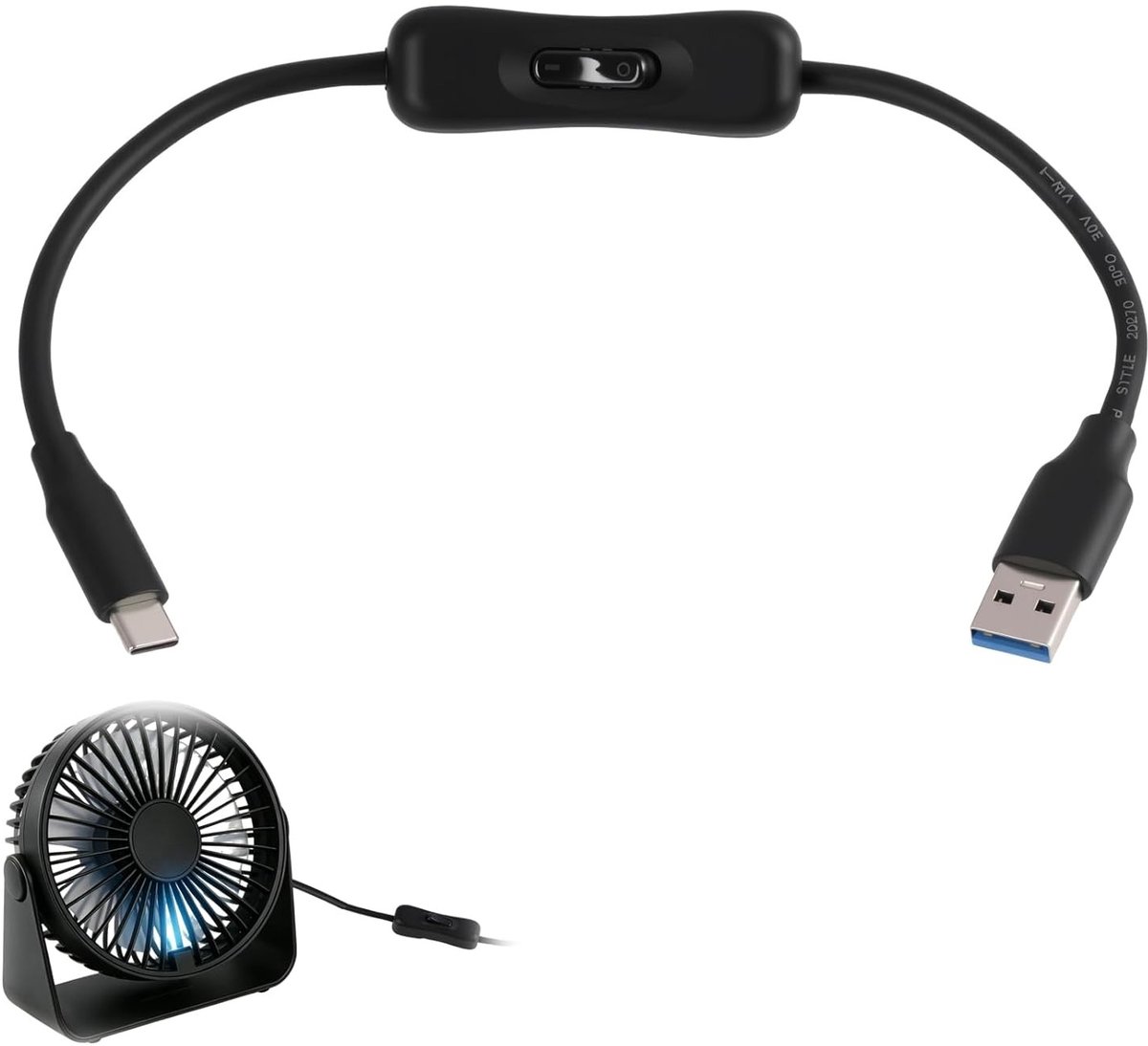 USB A naar USB C 3.0 kabel met schakelaar voor snel opladen en gegevensoverdracht, 5 Gbps, ideaal voor computers, smartphones en tablets (zwart, 0,3 m)