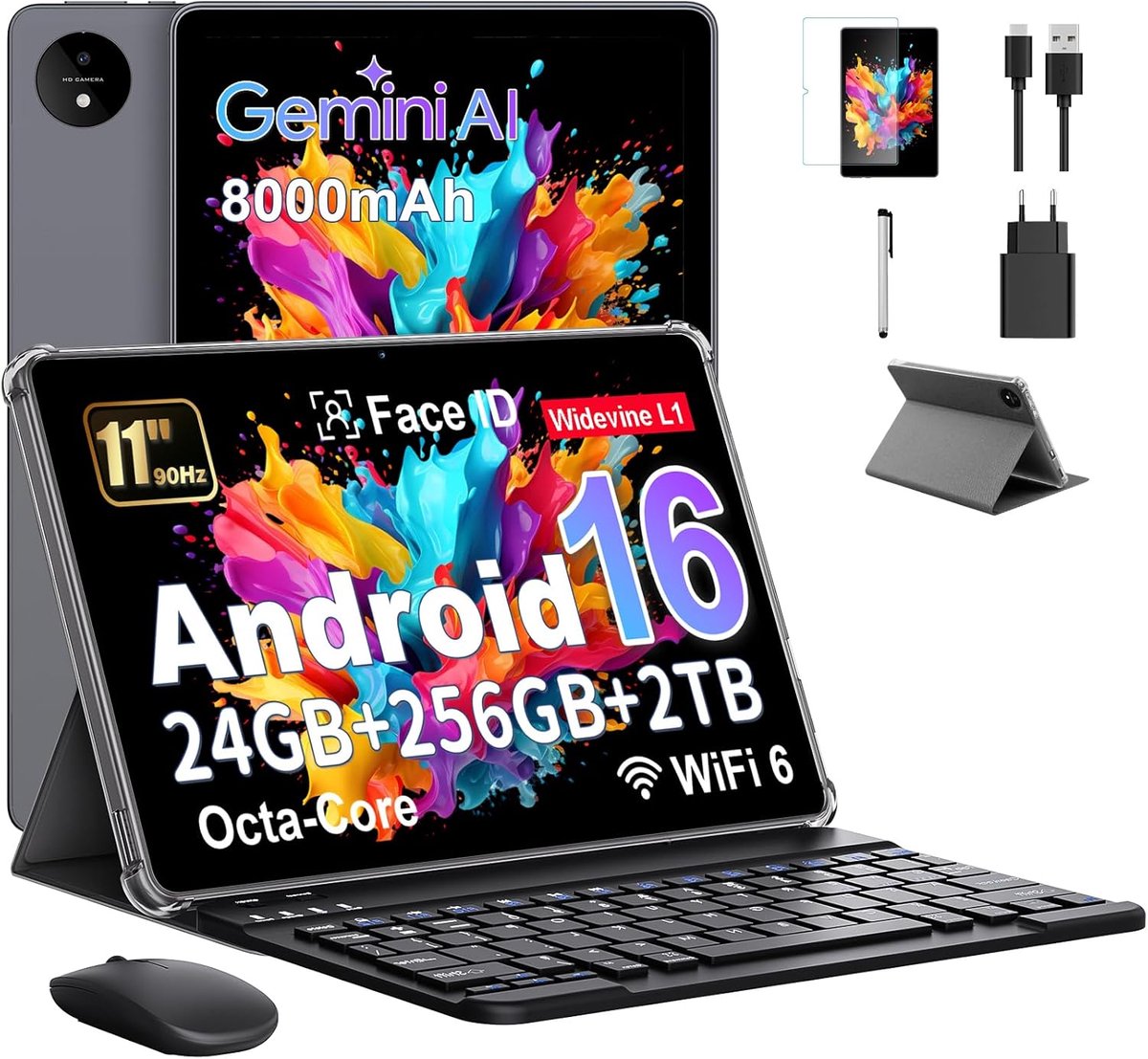 SnelShoppen - 11 Inch Tablet met Gemini AI, Android 16, Octa-Core, 24GB RAM, 256GB ROM, 2TB TF, 1920x1200 HD Scherm, 90Hz, 8MP + 13MP Dual Camera, 800