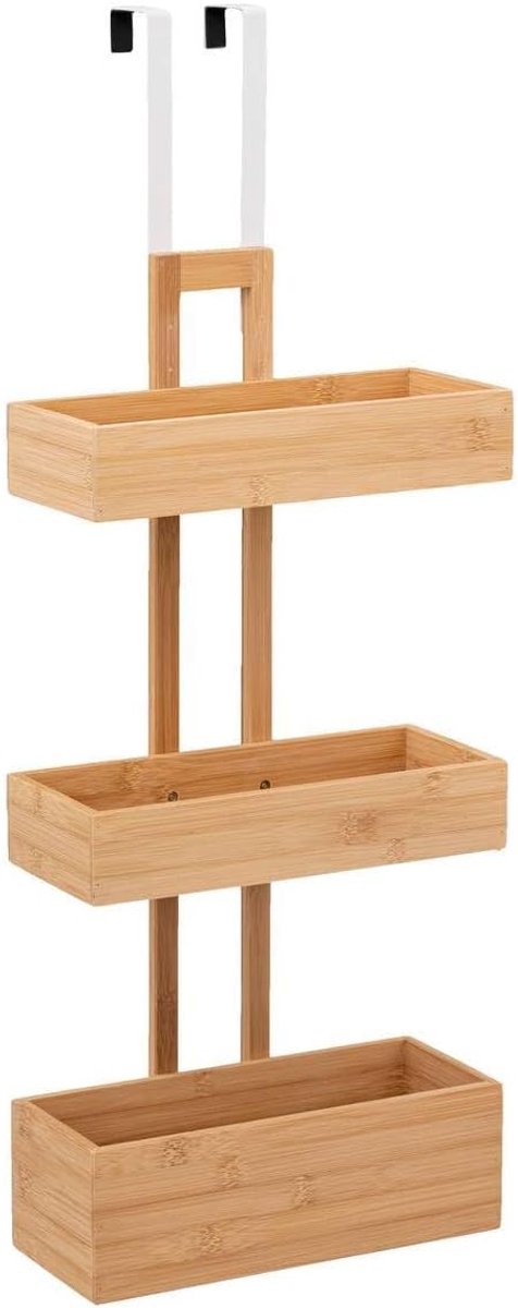 SnelShoppen - 3 Laags Bamboe Rek met Deurhaken, Beige, 28x17.3x74.5 cm, Multifunctioneel Opbergrek voor Keuken, Badkamer, Woonkamer en Meer