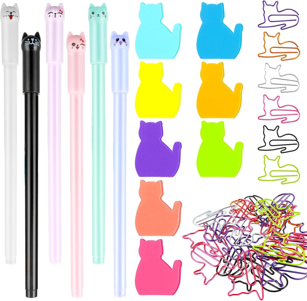 Kattenpennen, 44 stuks, 6 kleuren, zelfklevende notities, 30 paperclips, motief en 6 stiften, kattenmotief, themagerelateerde schoolbenodigdheden voor verjaardagsfeest, klaslokaal, school