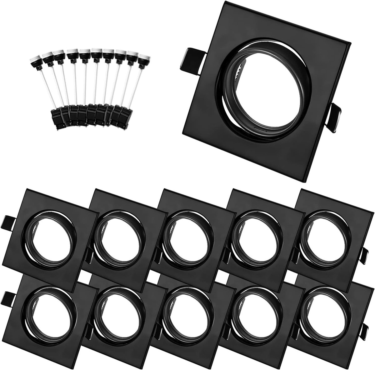 Inbouwspots GU10 Zwarte Vierkante Spots, Inbouwframe 68mm Met Keramische GU10 Fittingen, Frames Voor Kantelbare Inbouwspots 30°, Inbouwspot 230V, Set Van 10, Lamp niet inbegrepen