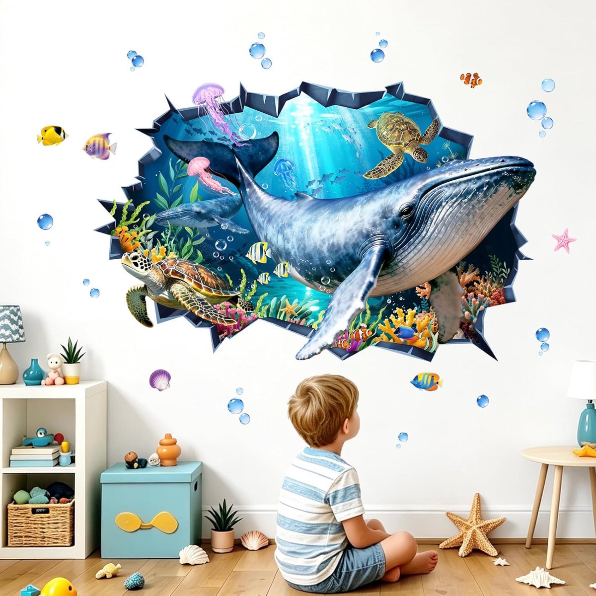 3D-muursticker onder zee - oceaanwalvissen en zeedieren - waterdicht en duurzaam - ideaal voor kinderkamer en badkamer - ShopVlot