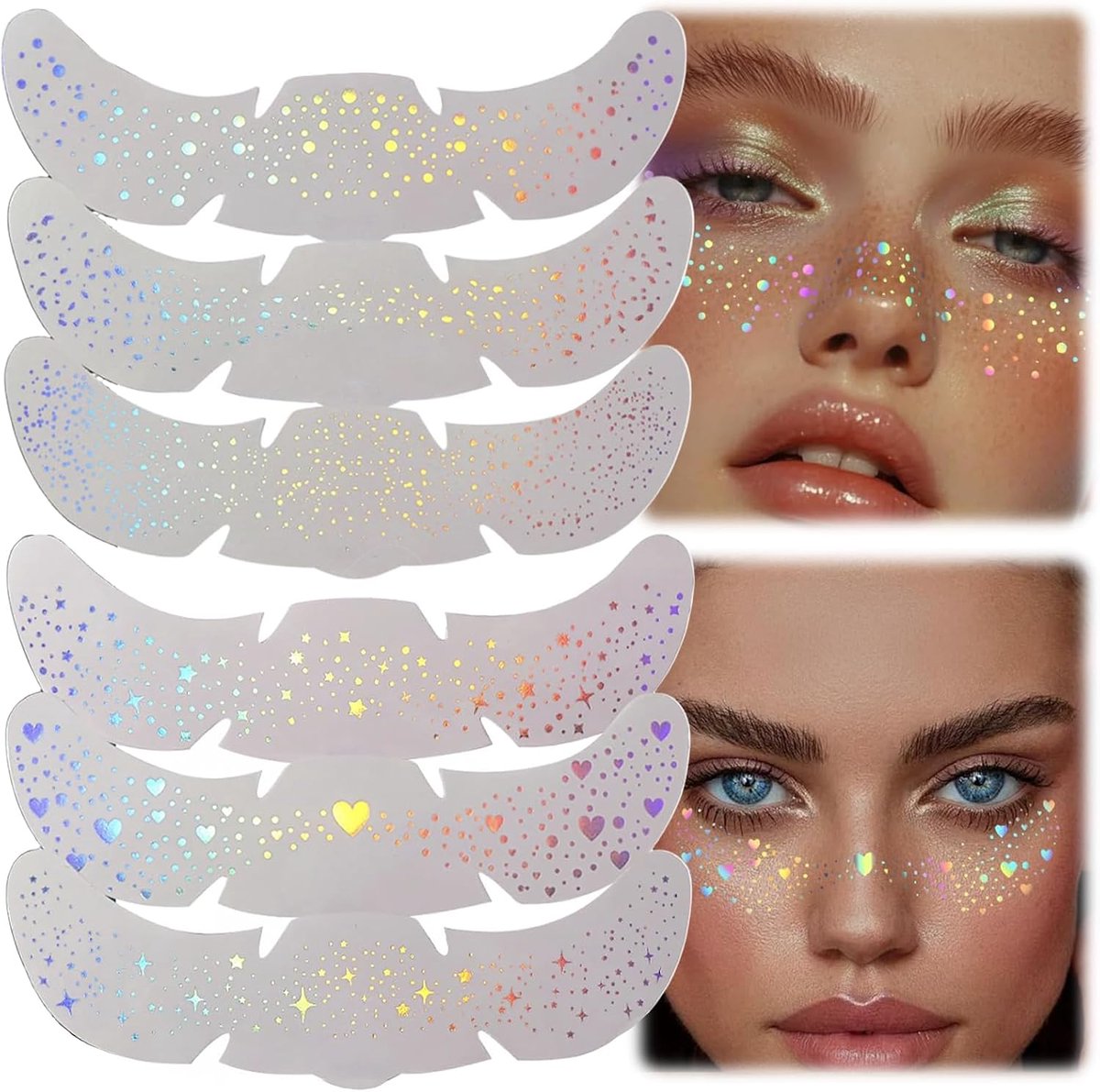 6 stuks glitter sproetjes tattoo, waterdichte glitter patches voor vrouwen, leuke ster glitter tattoo make-up accessoires voor festival en feest (lasermodel)