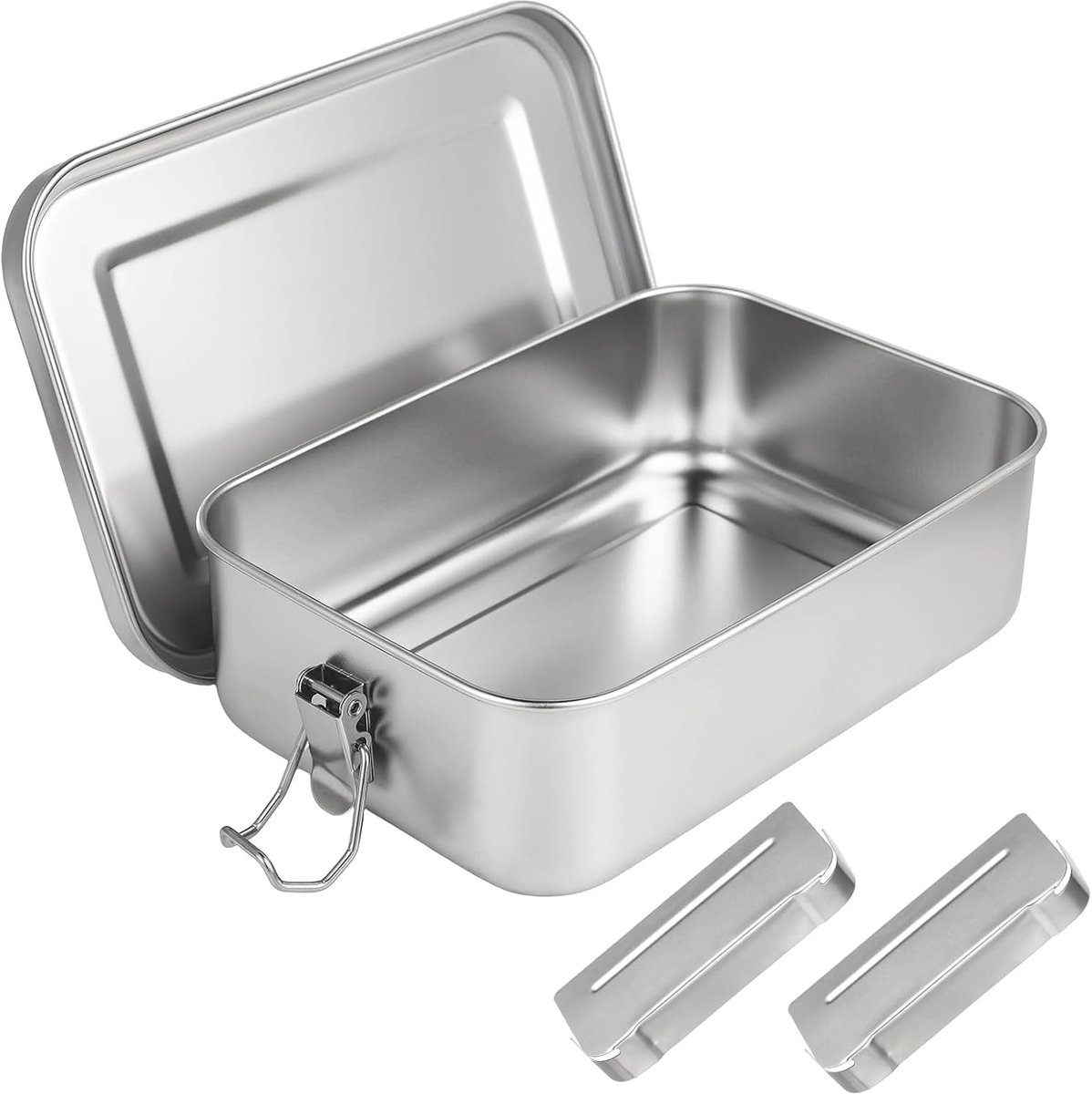 Lunchbox van roestvrij staal, 1400 ml, robuuste en duurzame broodtrommel met scheidingswanden en -vakken, voor volwassenen en kinderen, zilver