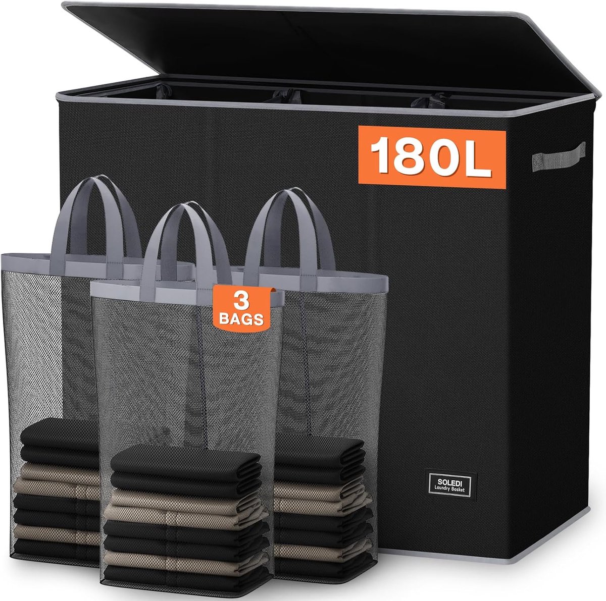SnelShoppen - Wasmand 180 L, 3 Secties, Extra Groot met Deksel, Vuilwasmand met Stevige Handgreep, Grote Organizer voor Was, Slaapkamer