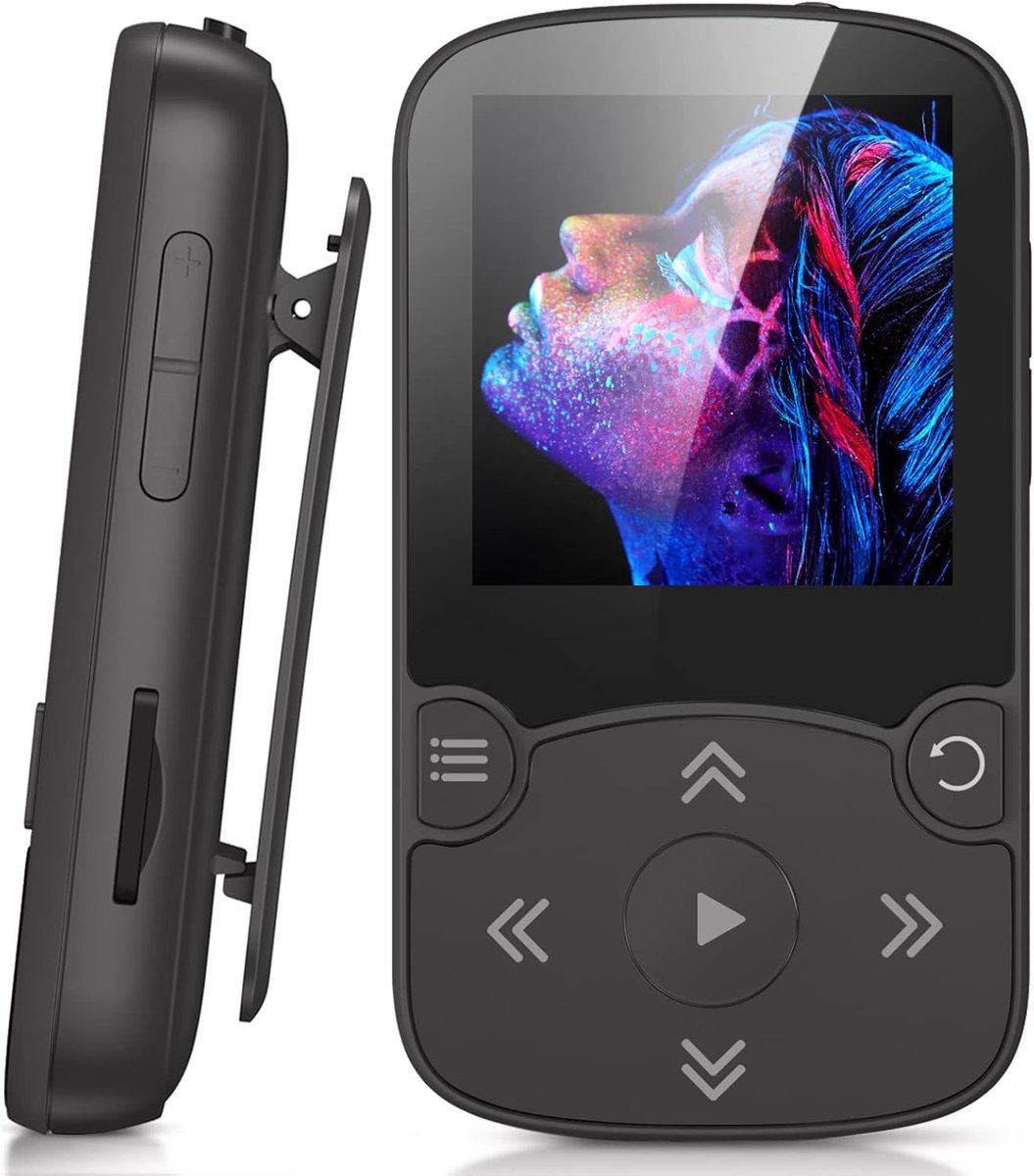 64GB MP3 Bluetooth 5.3 met Clip, HiFi Draagbare Sport MP3-Speler, Muziekspeler met Volumeknop, FM-Radio/Stappenteller/Stemrecorder, Uitbreidbaar tot 192 GB - Zwart