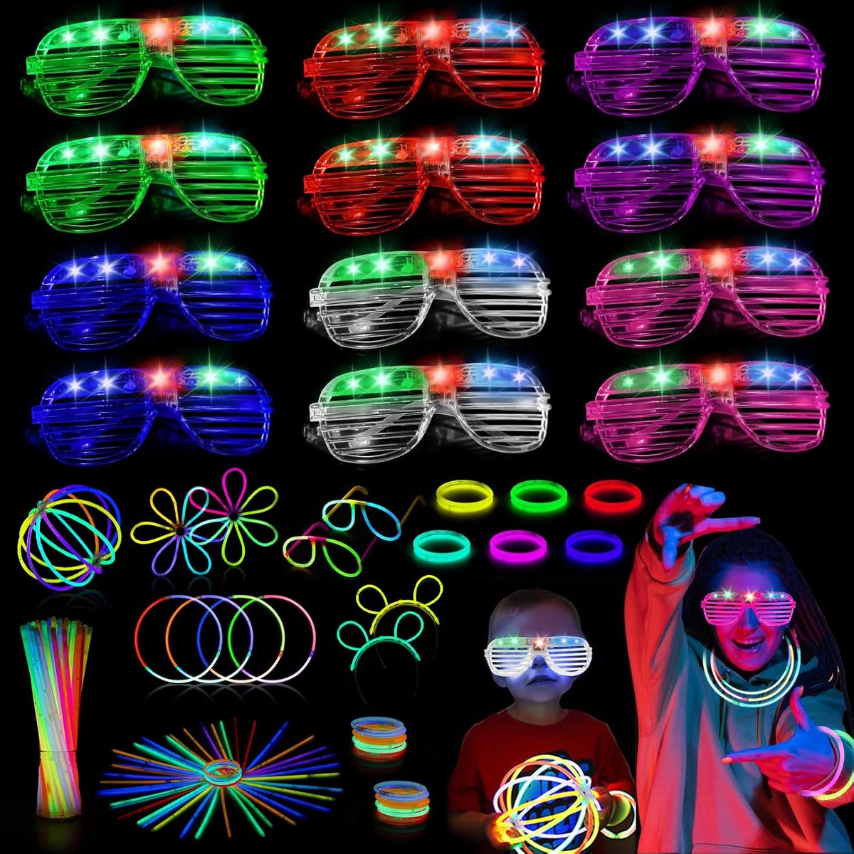 partyset, 62 stuks, 12 led-brillen en 50 neonlichtstaven