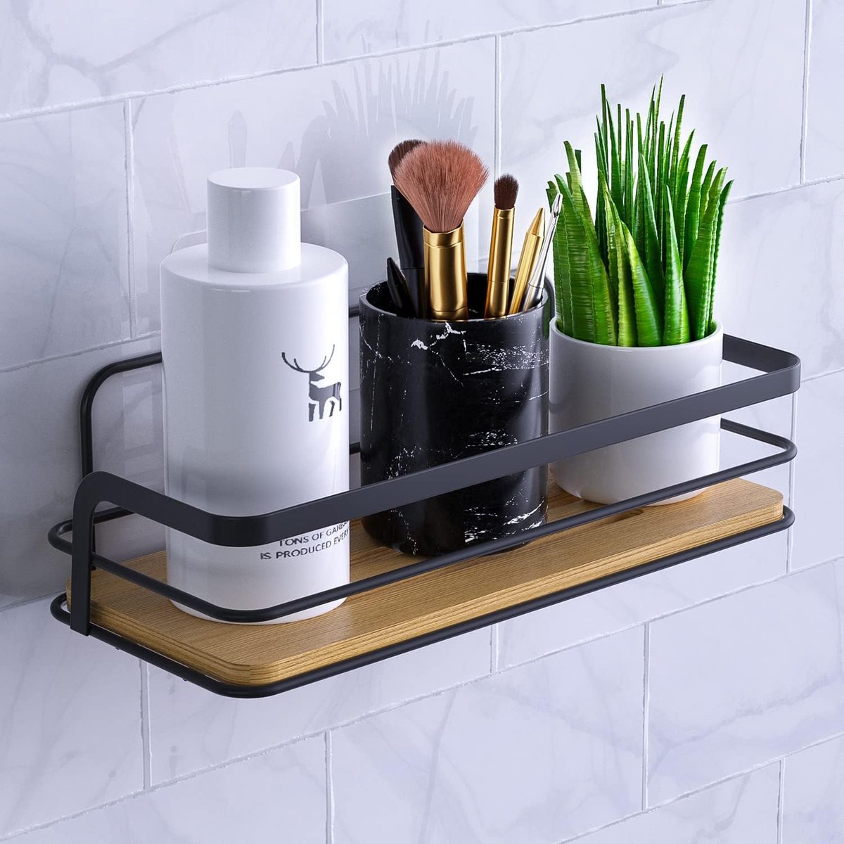 Doucherack zonder boren 26x10x6 cm - zwart met bamboe en metaal - roestvrij en waterbestendig - SnelShoppen