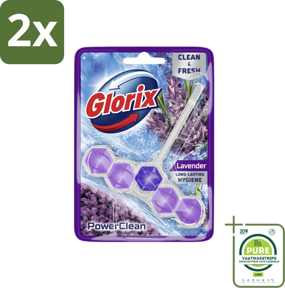 Glorix - Toiletblok - Power Clean Lavendel - Frisse Geur - 1 blok - Voordeelverpakking - 2 stuks - Toilet schoonmaak - Toiletblok