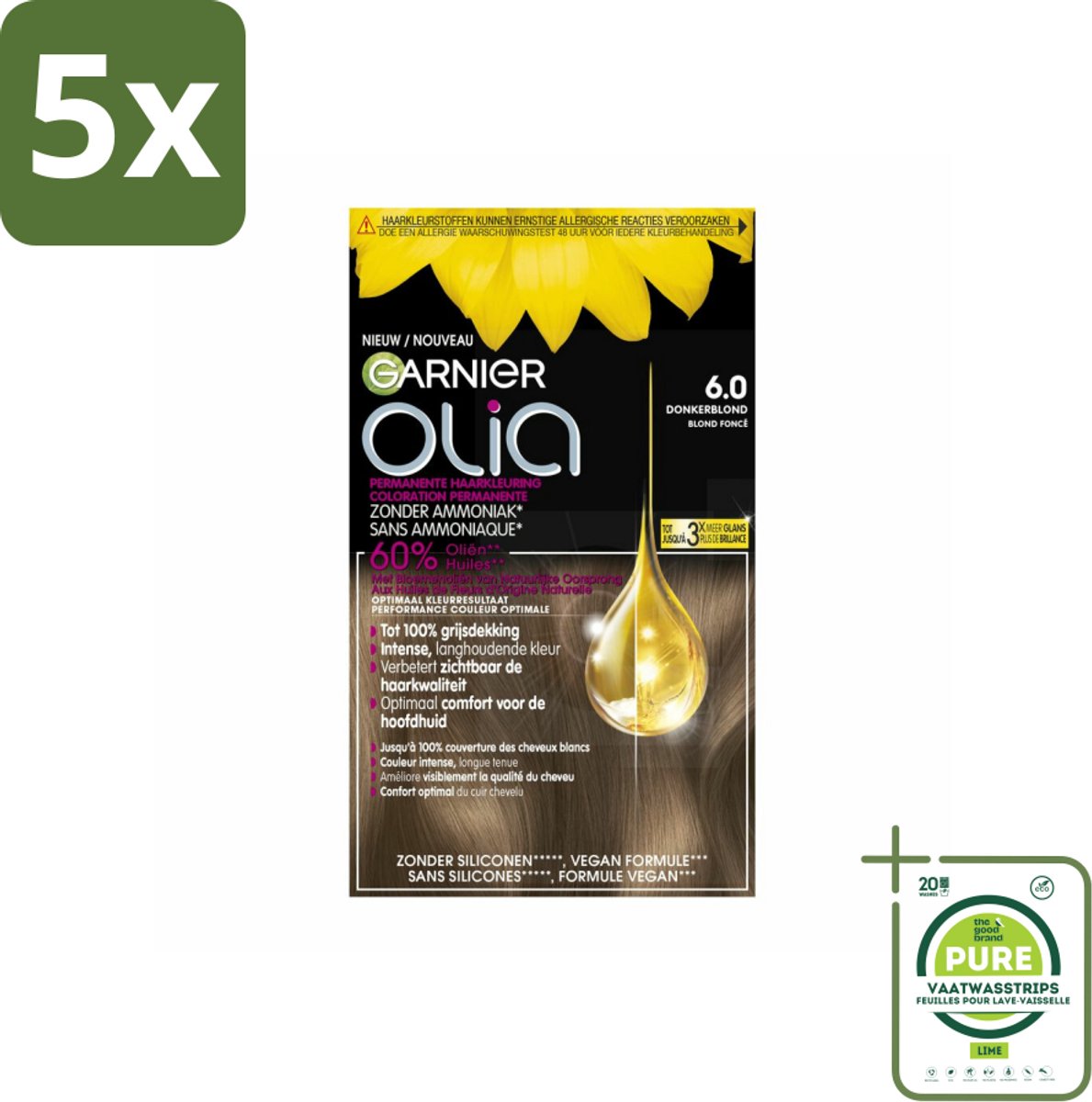 5 x Garnier - Olia 6 - Haarkleuring - Donkerblond - Zonder Ammoniak - Intense Langhoudende Kleur - 100% Grijsdekking - Grootverpakking - Haarverf - Permanente Haarkleuring - Haarkleur - Garnier Olia - Donkerblond