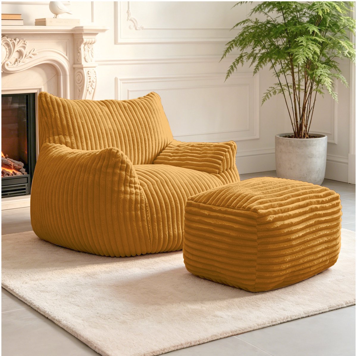 FloraGrace Zitzak Loungestoel 50 x 46 x 28 cm - Met Ottomaan En 5-Zone Ergonomische Ondersteuning - Voor Slaapkamer Of Studio - Polyester - Geel