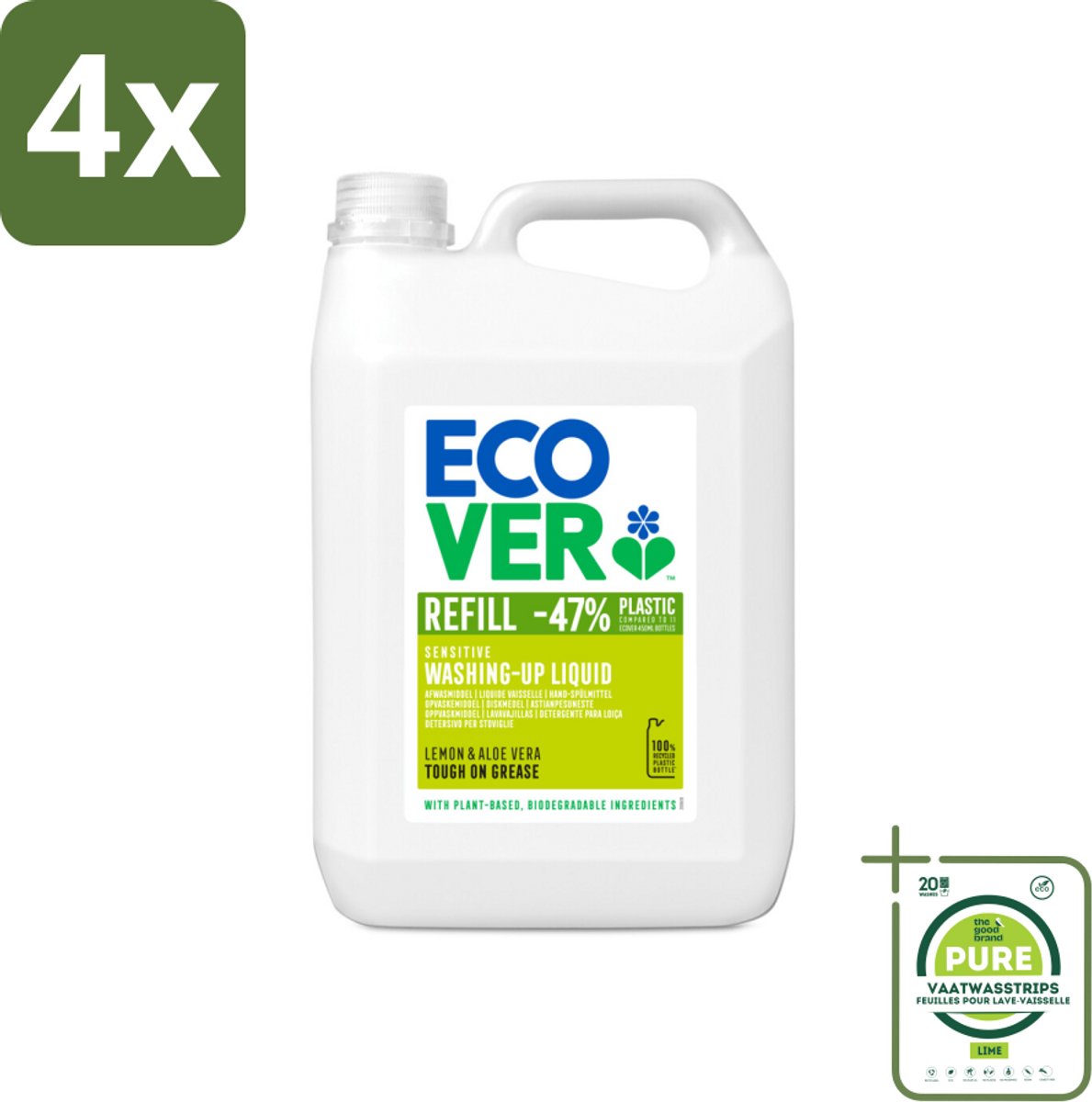 Ecover - Afwasmiddel - Citroen & Aloë Vera - 5 liter - Voordeelverpakking - 4 stuks - Afwasmiddel - Citroen