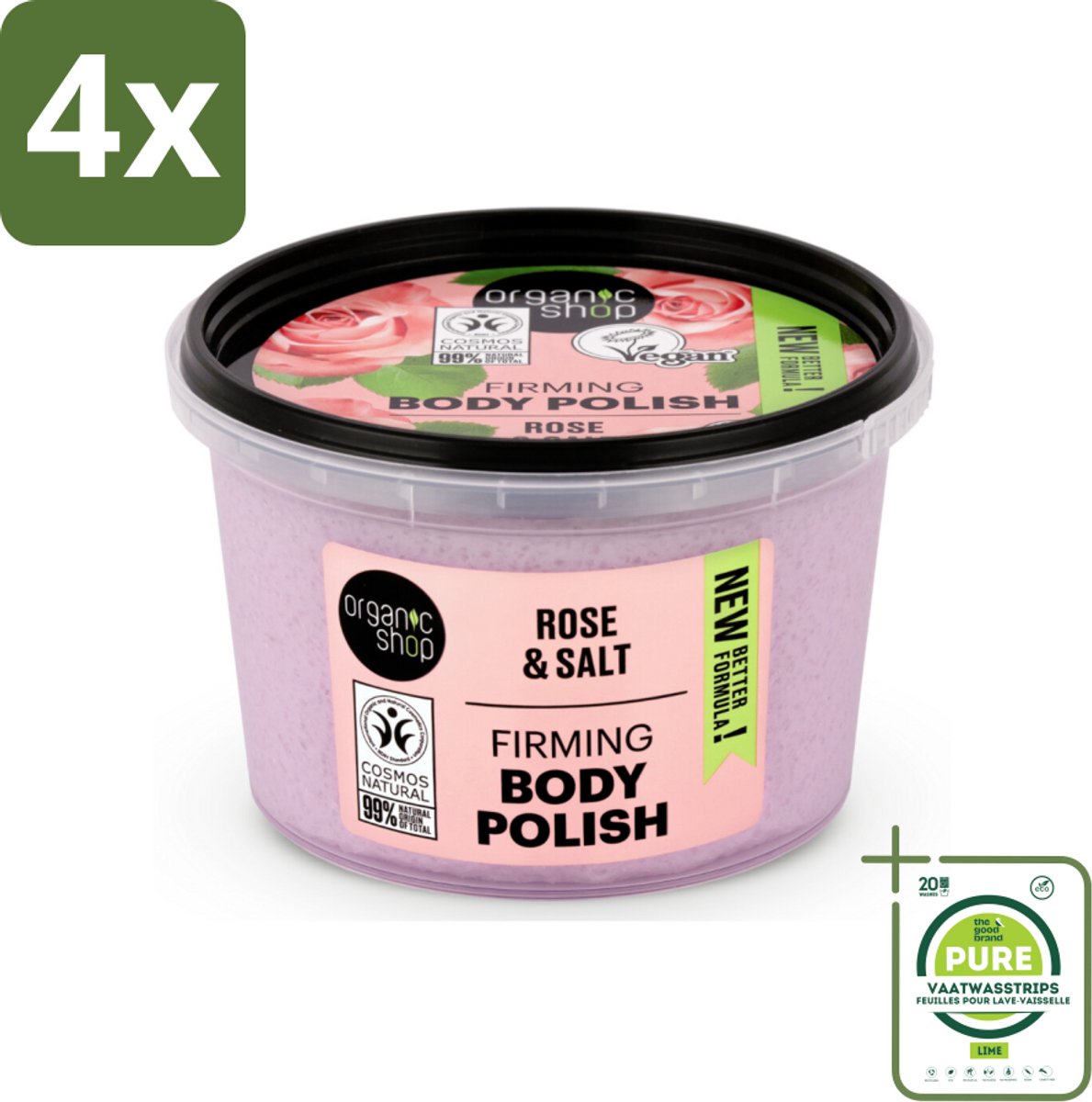 Organic Shop - Body Scrub Rose - Hydraterend en Verzorgend - 250 ml - Voordeelverpakking - 4 stuks - Lichaams Scrub - Peeling
