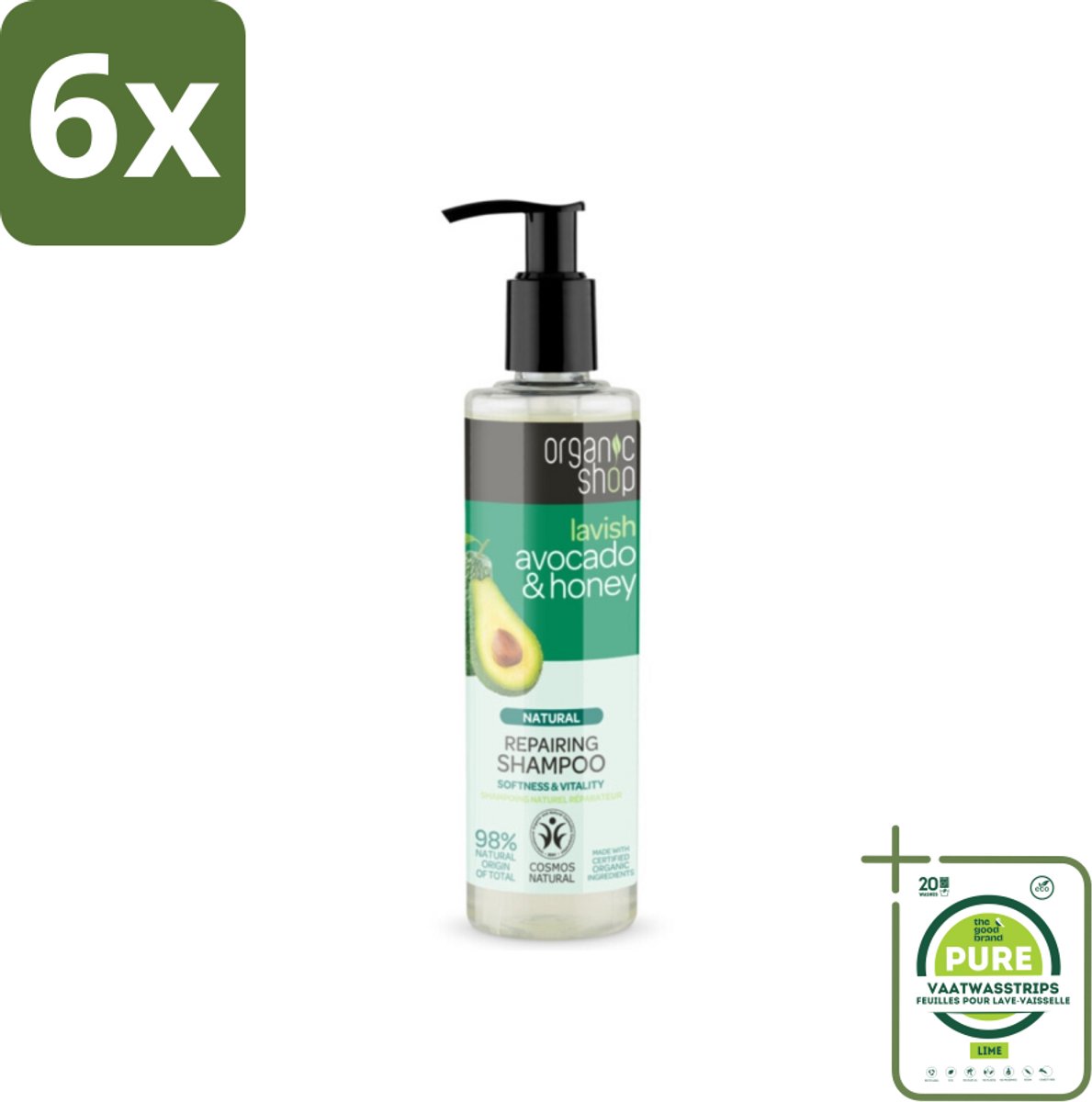 Organic Shop - Natural Repairing Shampoo - Avocado & Honey - Hydraterend en Herstellend - 280 ml - Voordeelverpakking - 6 stuks - Organische shampoo - Avocado shampoo